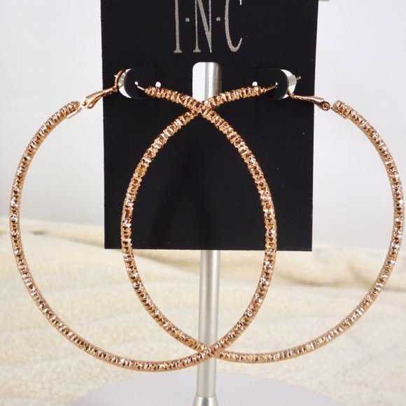 INC Hoop Earrings Textured Rose Gold Plate 3 1/4" New Card Perfect MSP $22.50 - Picture 1 of 3